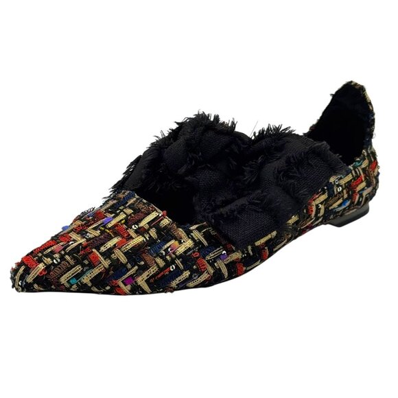 Zara Multicolor Tweed Pointed Flats Black Frayed Bow Women's Size EU 37/US 6.5 - Picture 2 of 16
